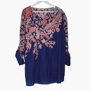 Soft surroundings button up roll long sleeve blouse Blue Orange Paisley Size 2X